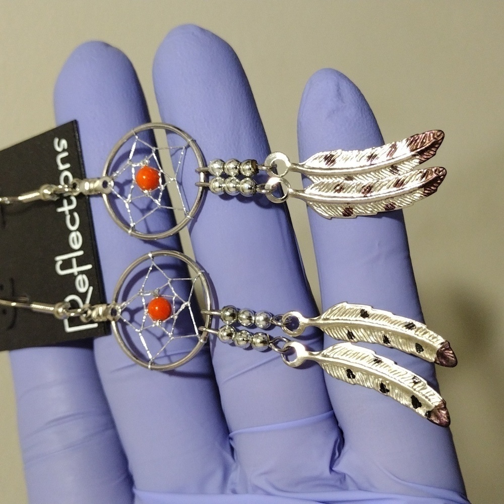 Statement 3.25" Dreamcatcher Earrings – Dreamcatcher Silver Feather, Coral Beads - Picture 4 of 6